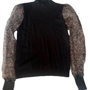 Sioni Women’s Black Sweater with Sheer Leopard Print Sleeves, Mock Neck, Medium